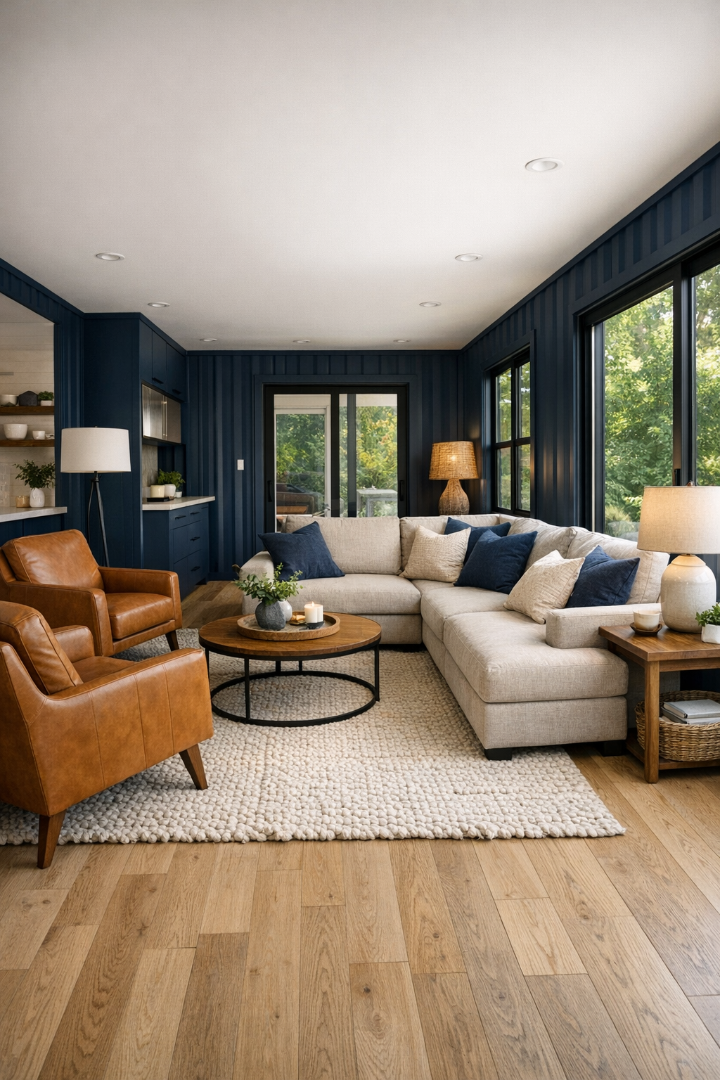 Accessible modern living room with oak floors, linen sectional, and navy accents
