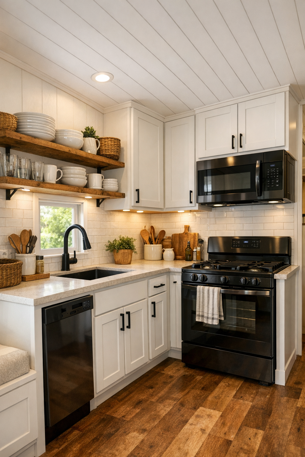 Fresh white farmhouse kitchen with shaker cabinets and black fixtures