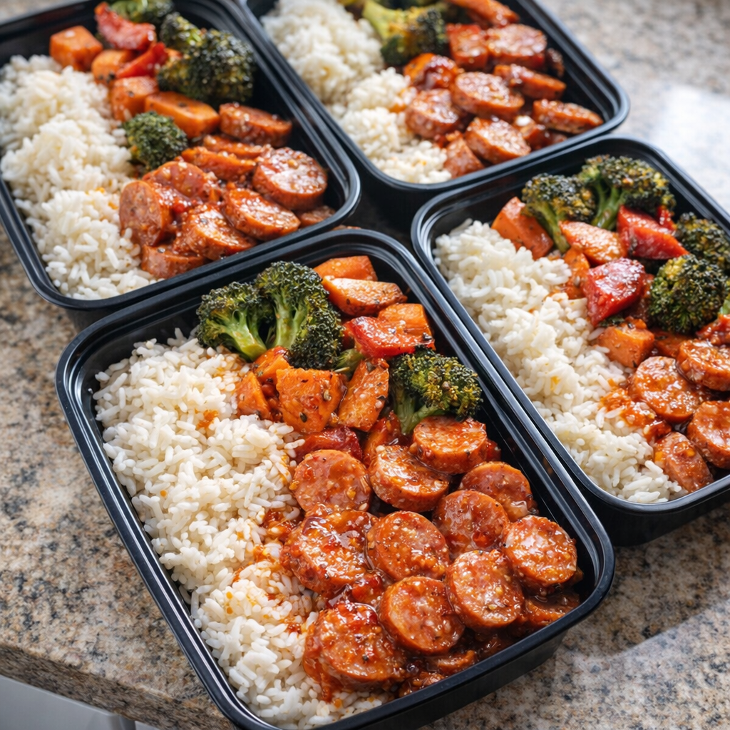 Meal prep containers with sausage rice and vegetables