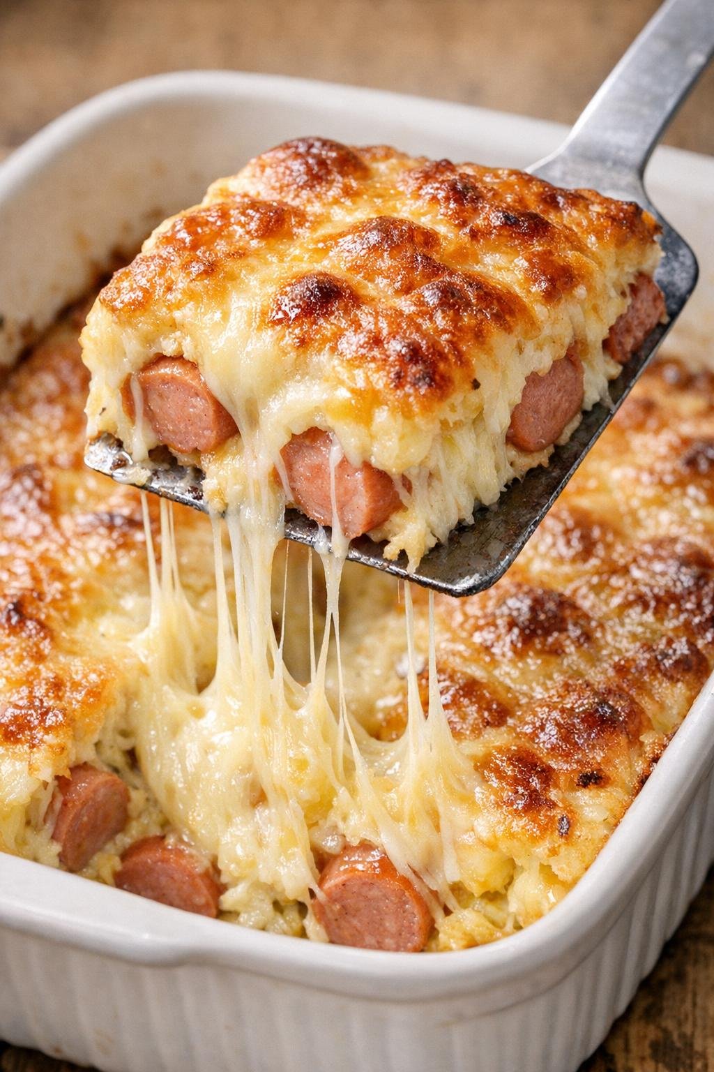Finished hot dog Pendleton bake with melted provolone