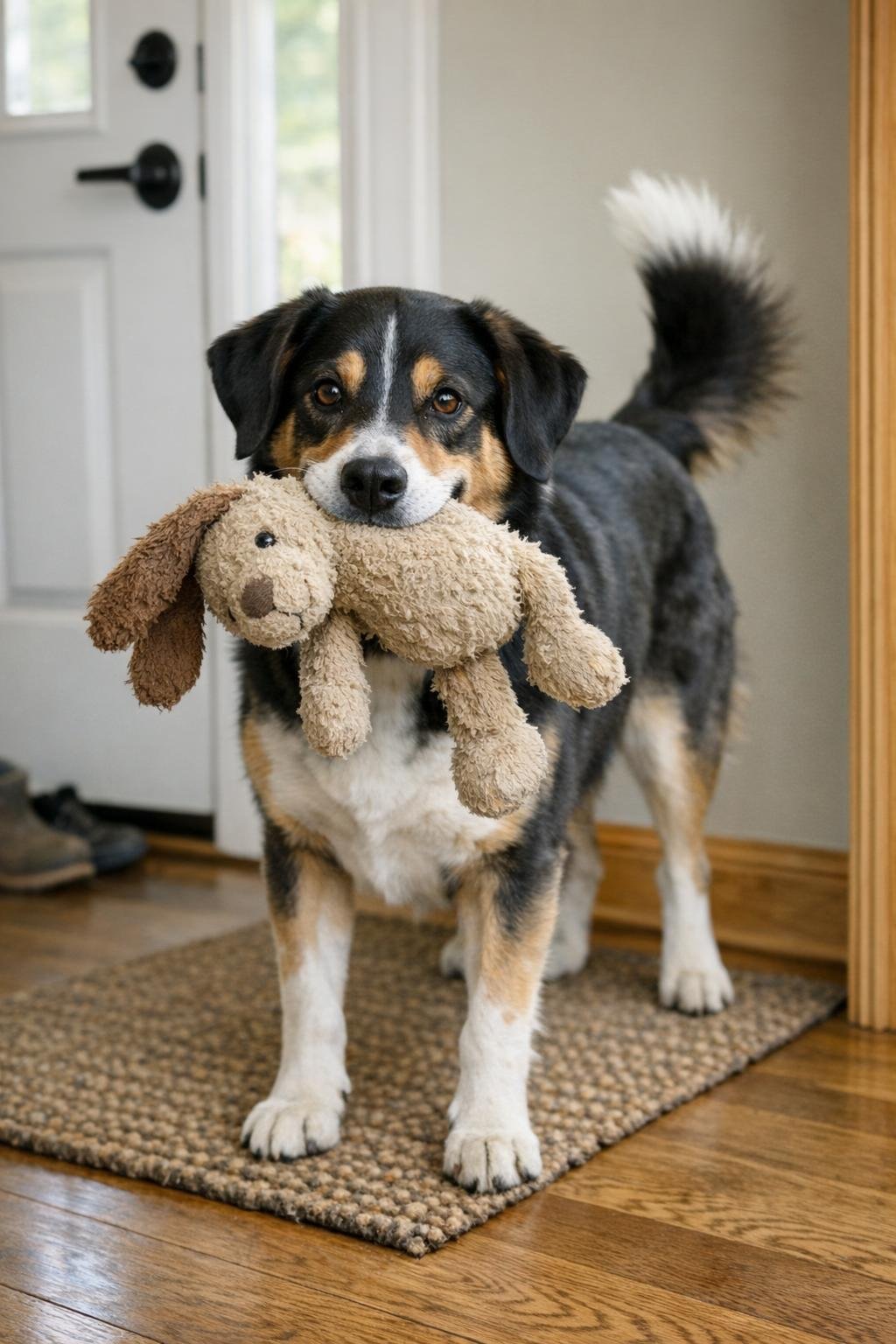 Dog carrying a toy at the front door