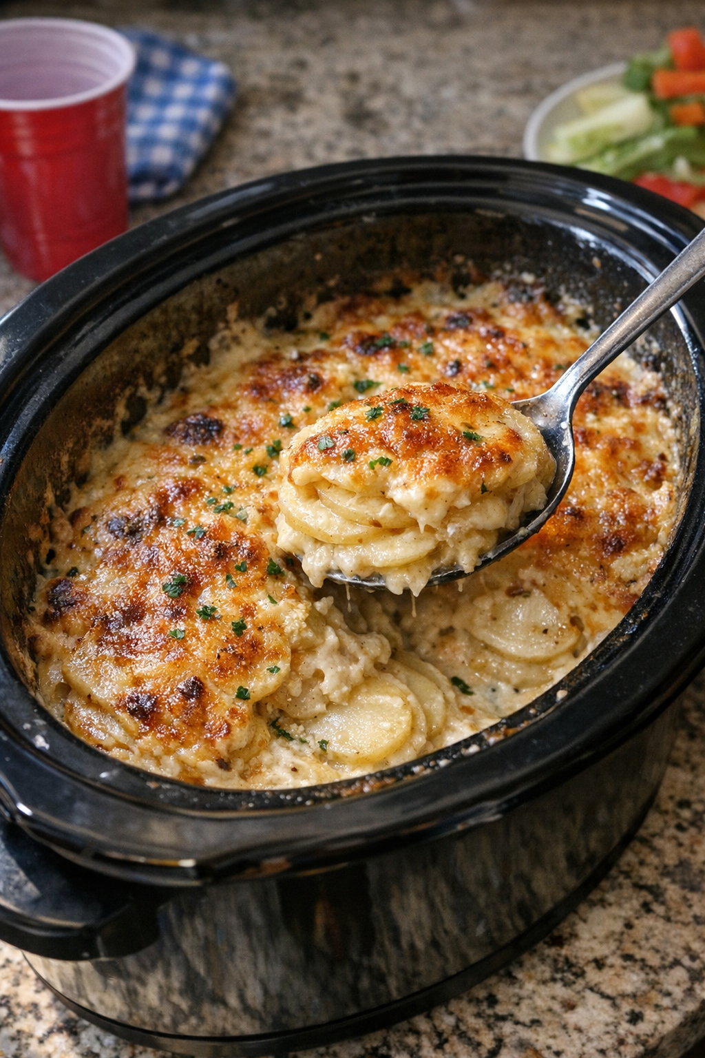Finished scalloped potatoes served from a slow cooker