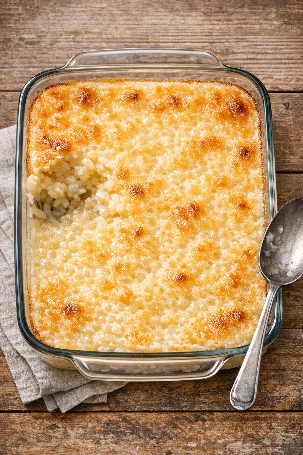 Finished baked tapioca dessert in a glass baking dish