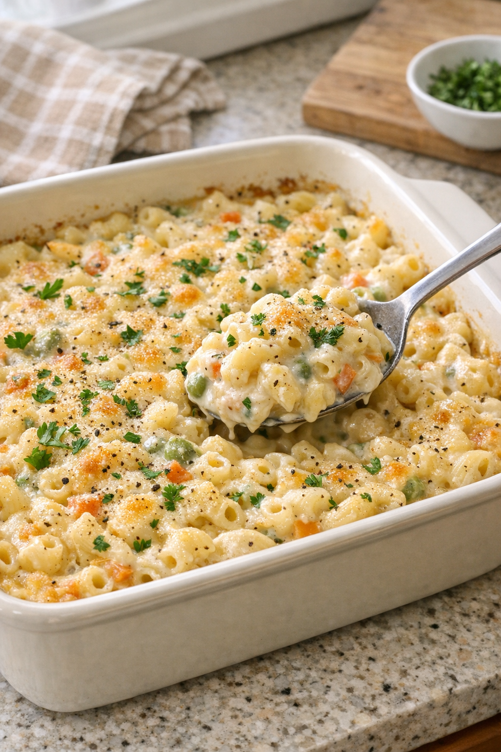 Finished baked herb vegetable cream macaroni in a casserole dish