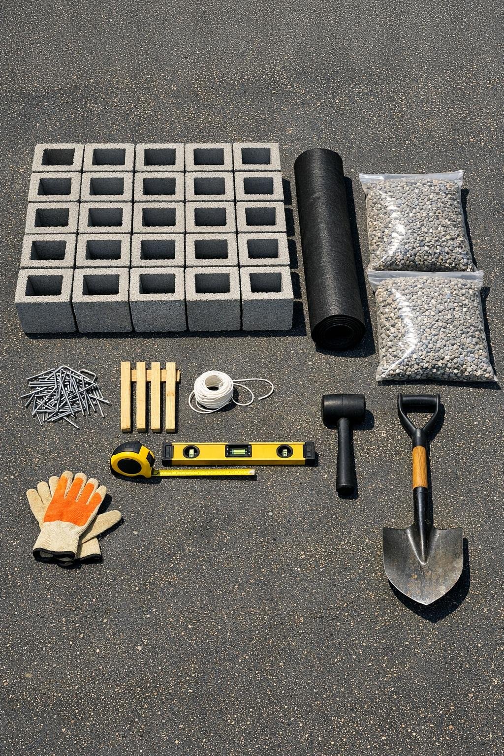 Cinder blocks, gravel, and landscape fabric laid out with tools for building a garden bed border