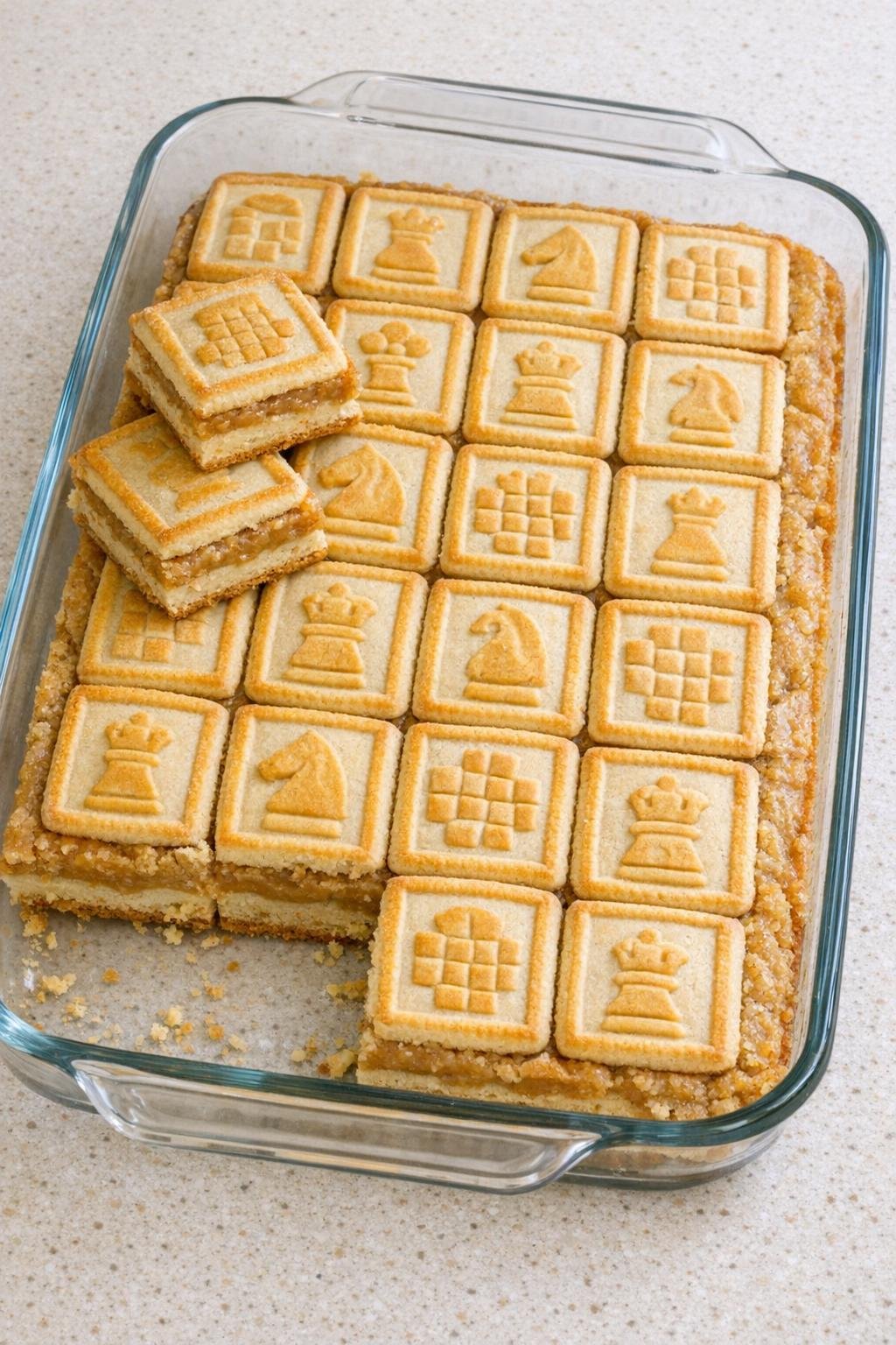 Finished chessmen cookie butter bars in a glass baking dish