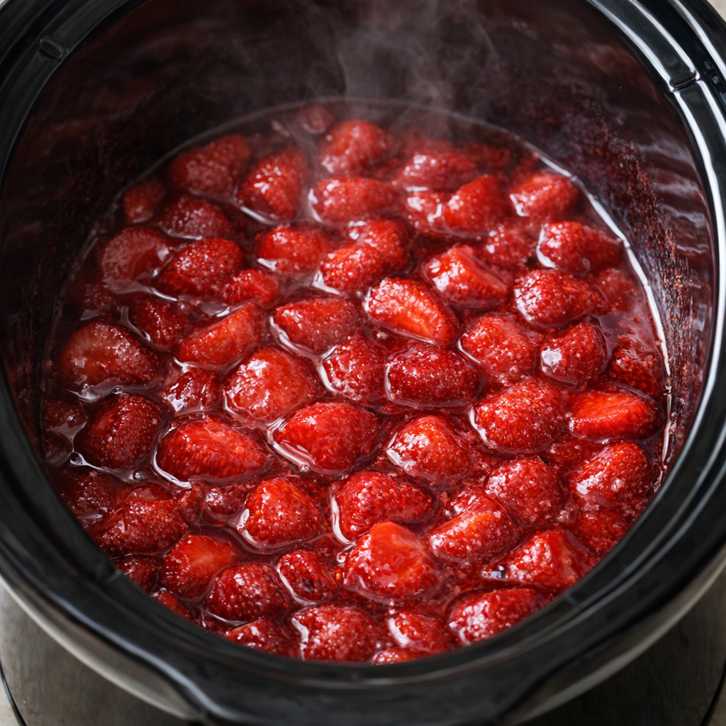 Slow cooker filled with glossy cooked strawberries
