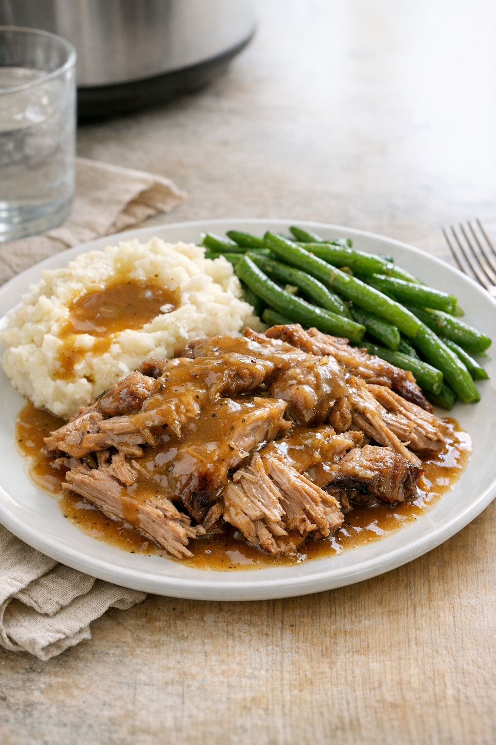 Finished vintage pork roast plated with gravy