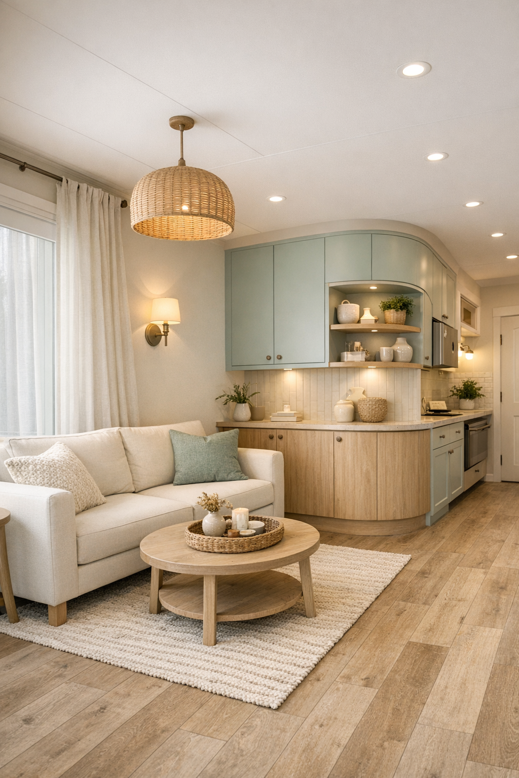 Seafoam-toned accessible tiny home living room with pale oak built-ins and wide circulation space