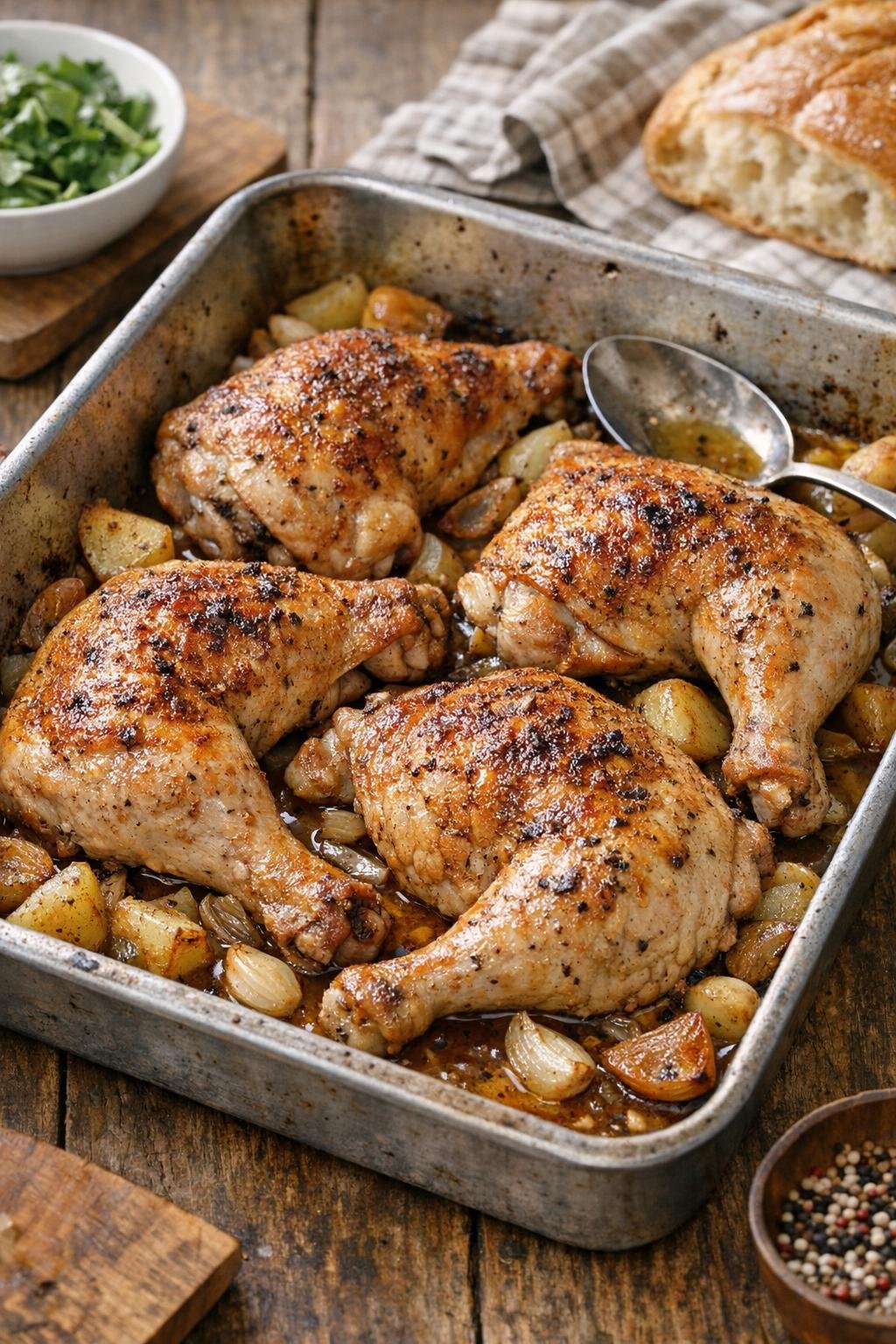 Roasted chicken leg quarters in a metal roasting pan