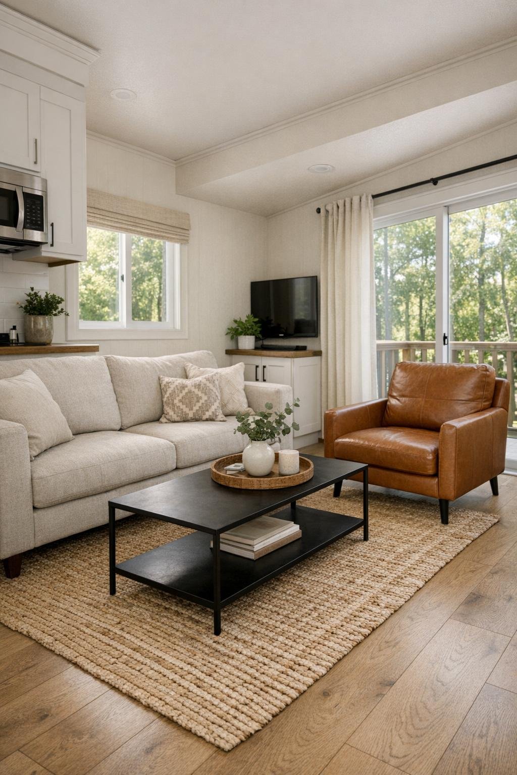 Bright modern living room inside a park model RV with pale wood floors and oatmeal seating