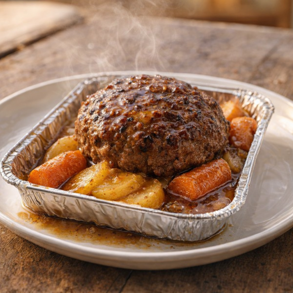 Cooked hobo dinner with beef, potatoes, and carrots