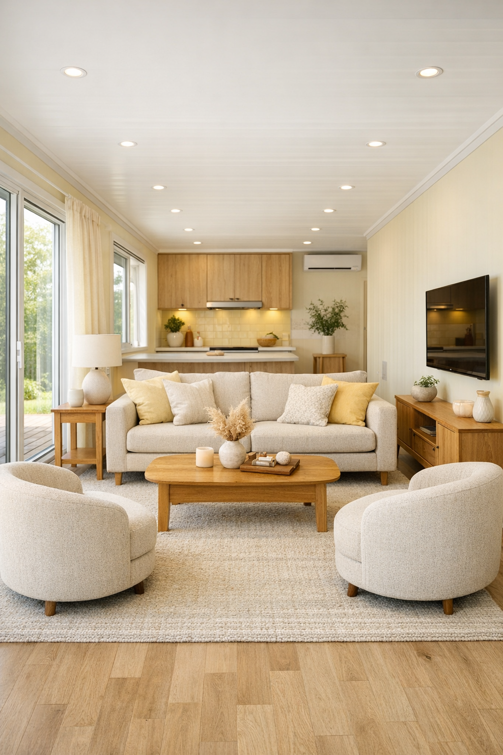 Accessible modern living room with soft yellow tones, neutral seating, and warm wood accents