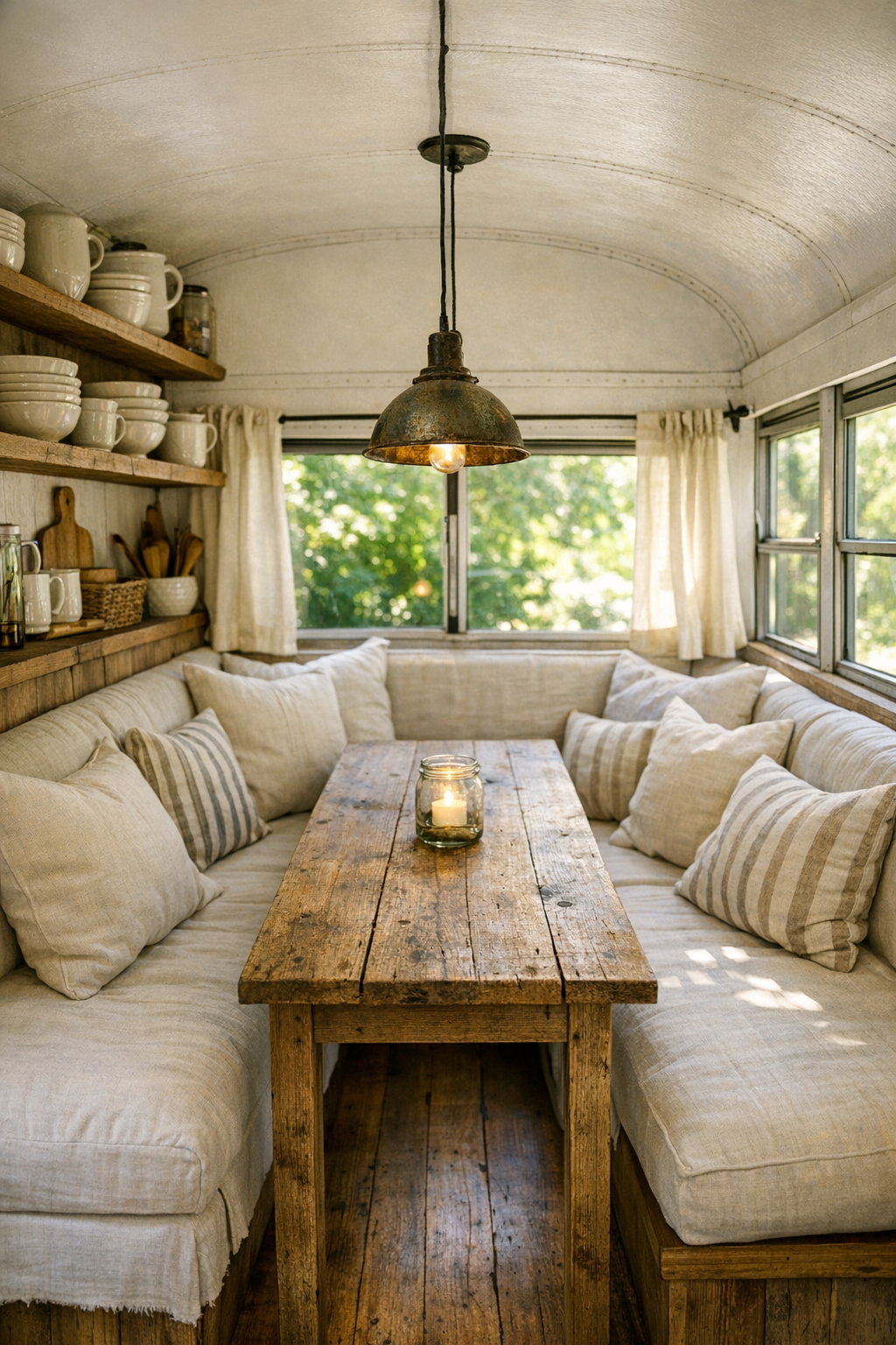 Cozy bus dining nook with banquette seating and a narrow farmhouse table