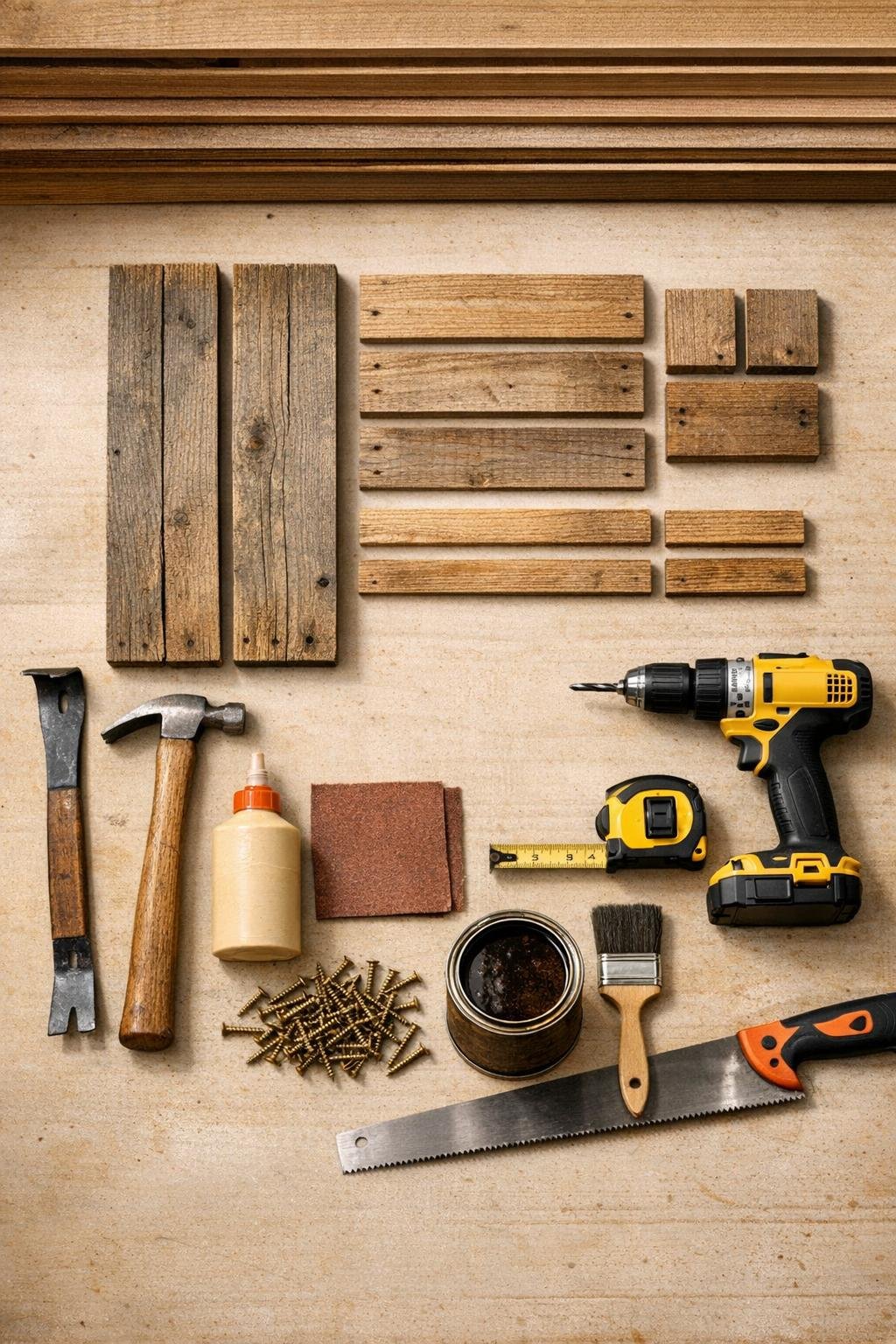 Pallet wood boards, screws, sandpaper, stain, and tools laid out for a fall harvest crate project