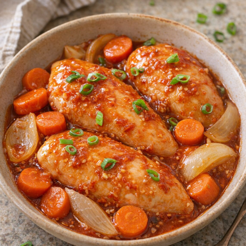 Kip met zoete chilisaus, wortels en uien in een rustieke kom.