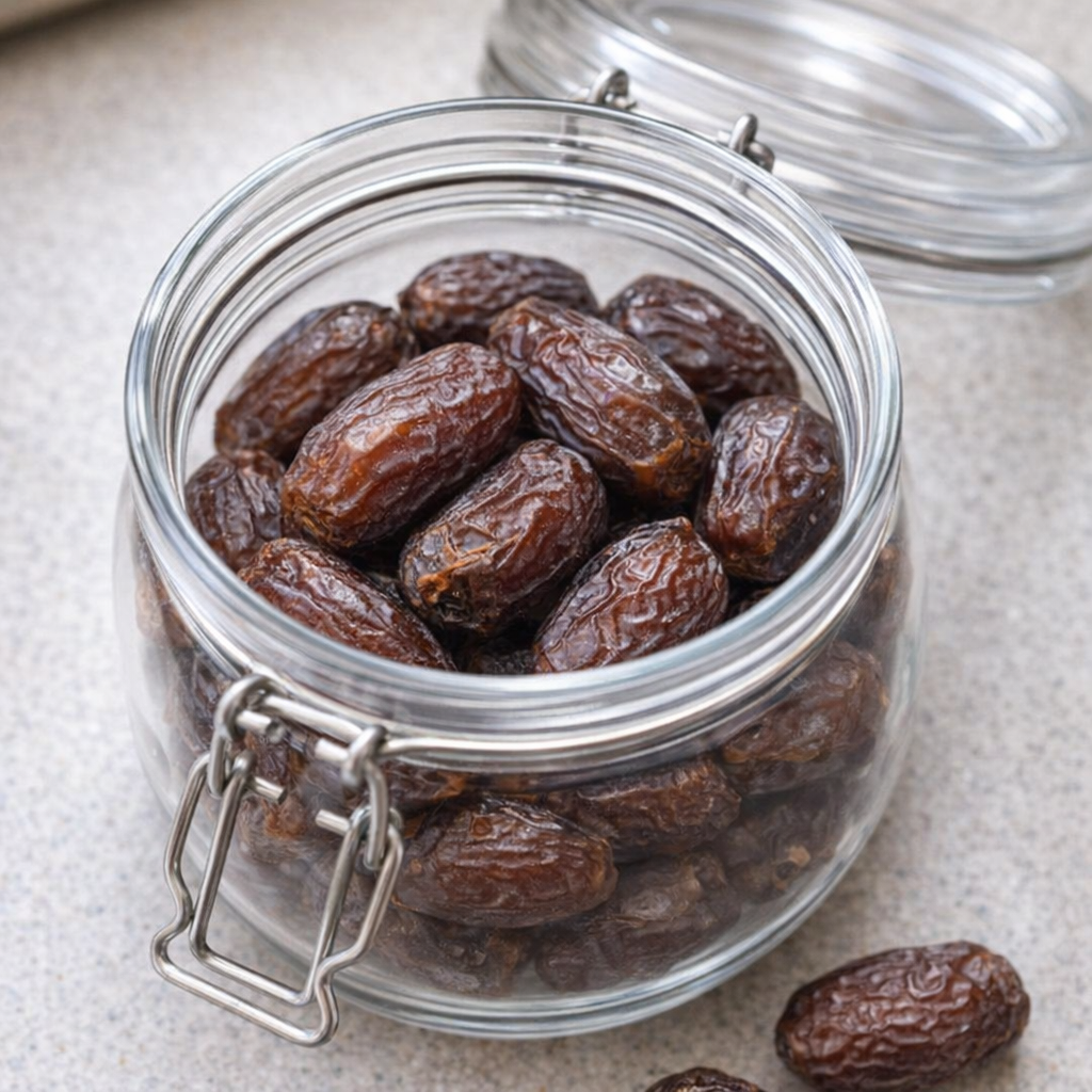 Dates stored in a glass container