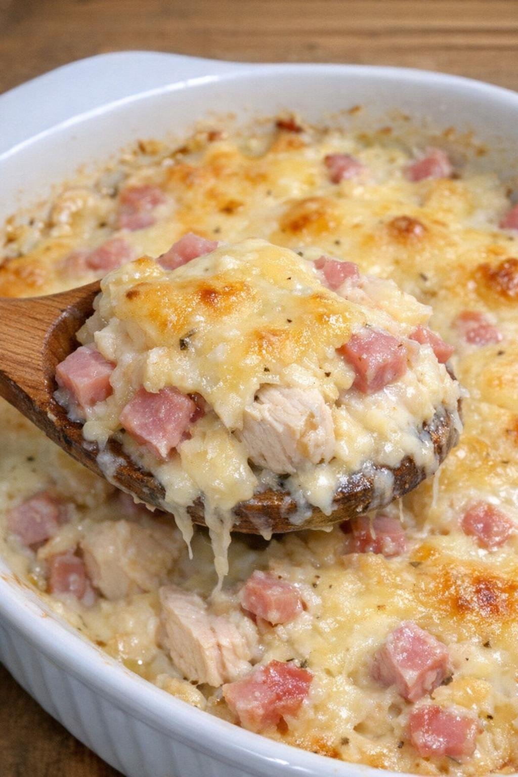 Golden bubbly chicken cordon bleu casserole in a white ceramic dish