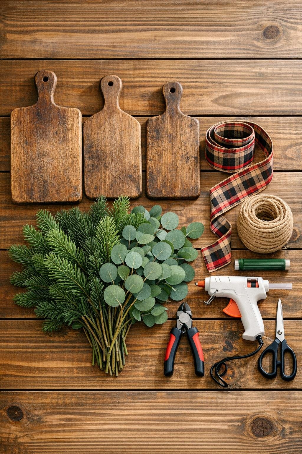Materials for a cutting board front door swag laid out neatly