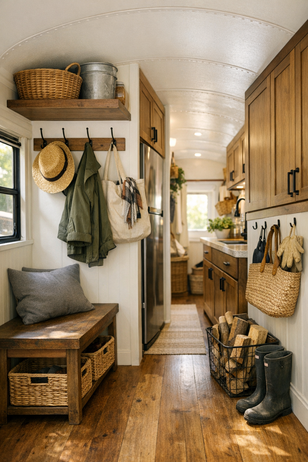 Entry and utility area in the converted bus with built-in storage and homestead details