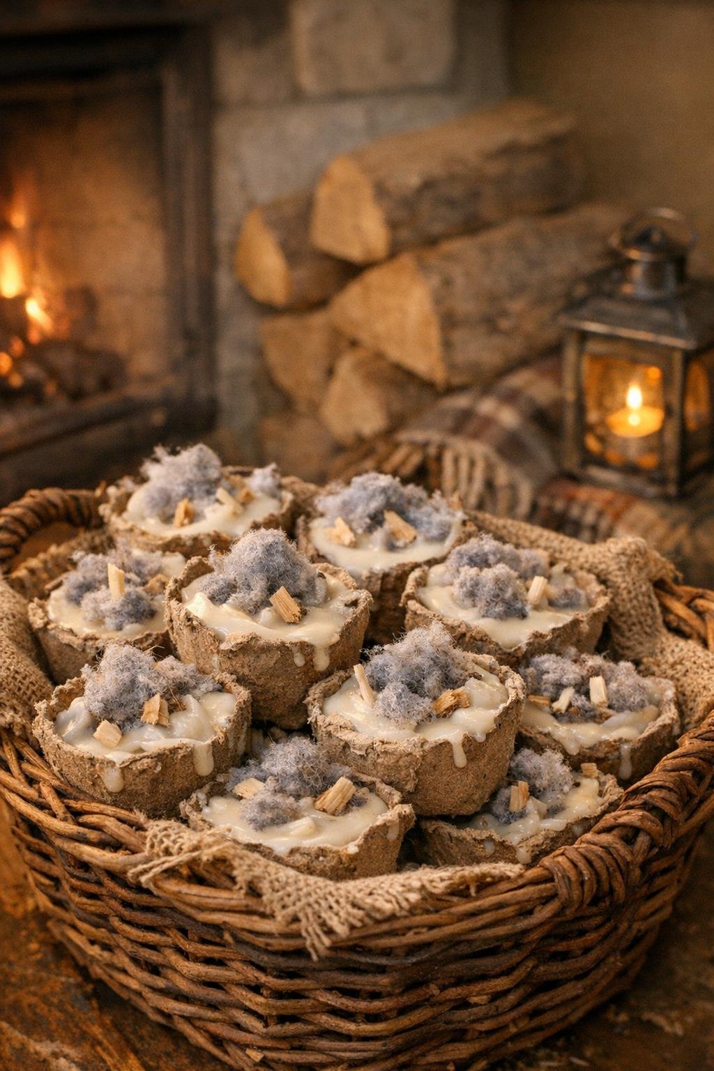 Finished candle wax fire starters made from cardboard egg cartons displayed beside a fireplace