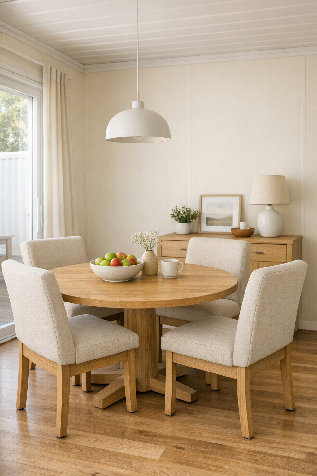 Warm dining room with a light oak table, cushioned chairs, and soft pendant lighting
