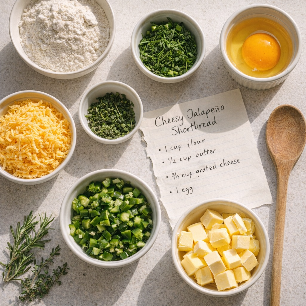 Measured ingredients for savory shortbread on a countertop