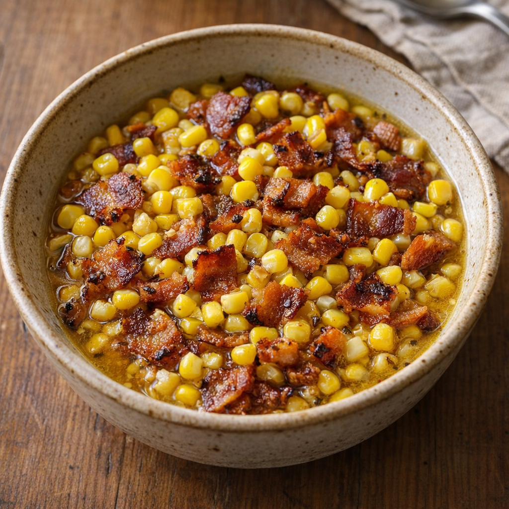 Slow cooker bacon and corn served in a rustic bowl
