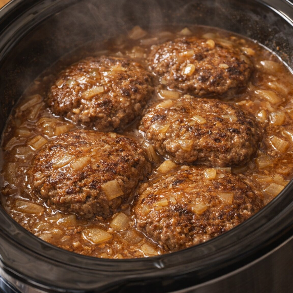 Cooked poor man’s steak in the slow cooker with rich onion gravy