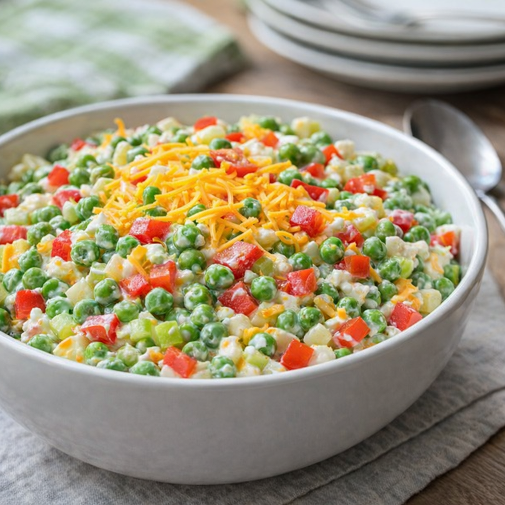 Bowl of Irish pea salad on a family dinner table