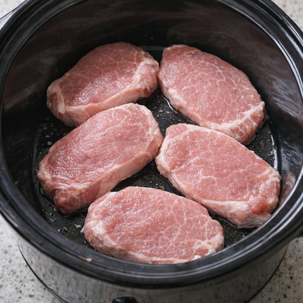 Raw pork chops arranged in slow cooker