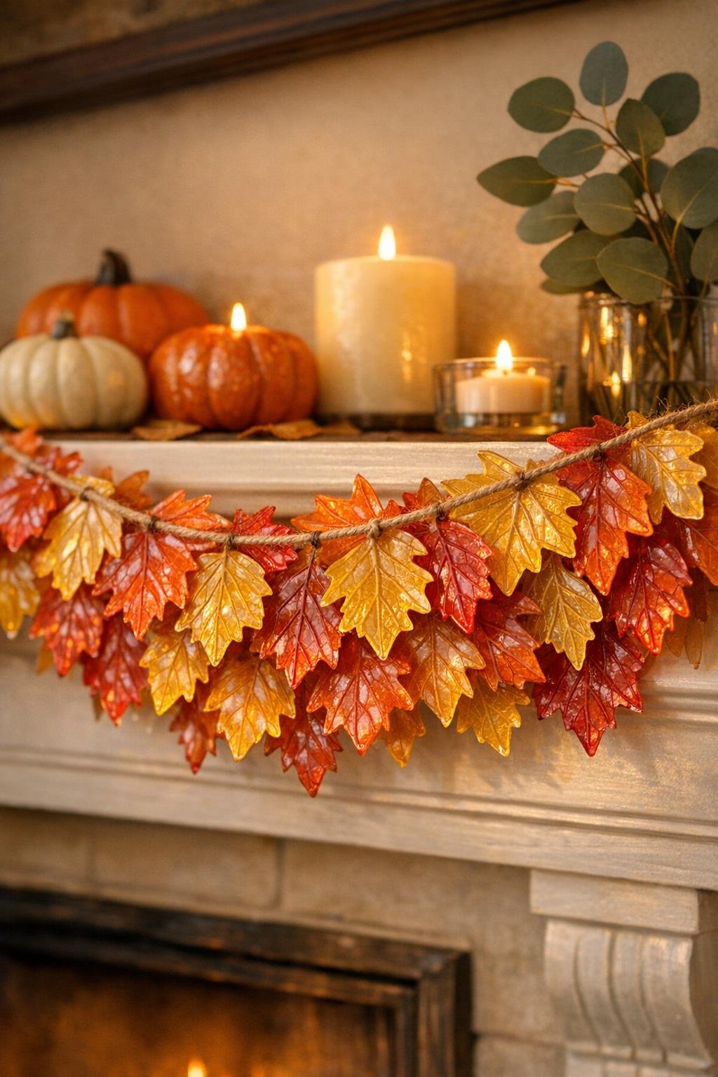 Finished hot glue leaf garland styled on a fall mantel