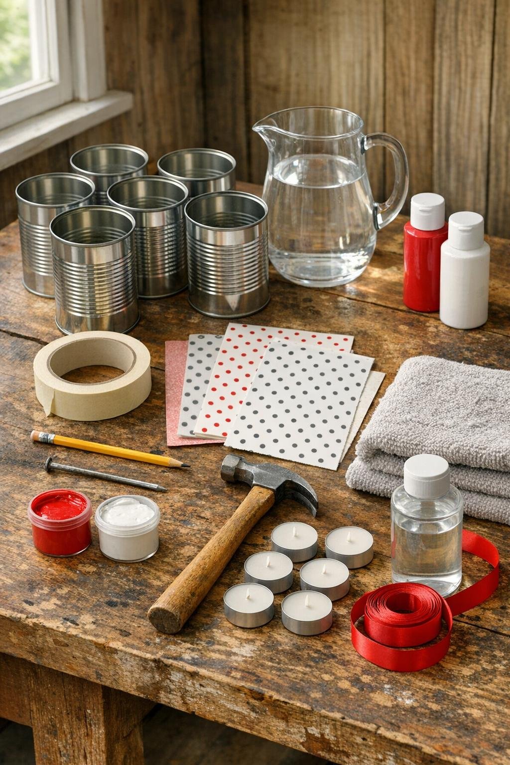 Materials for punched-tin Christmas luminaries laid out on a work surface
