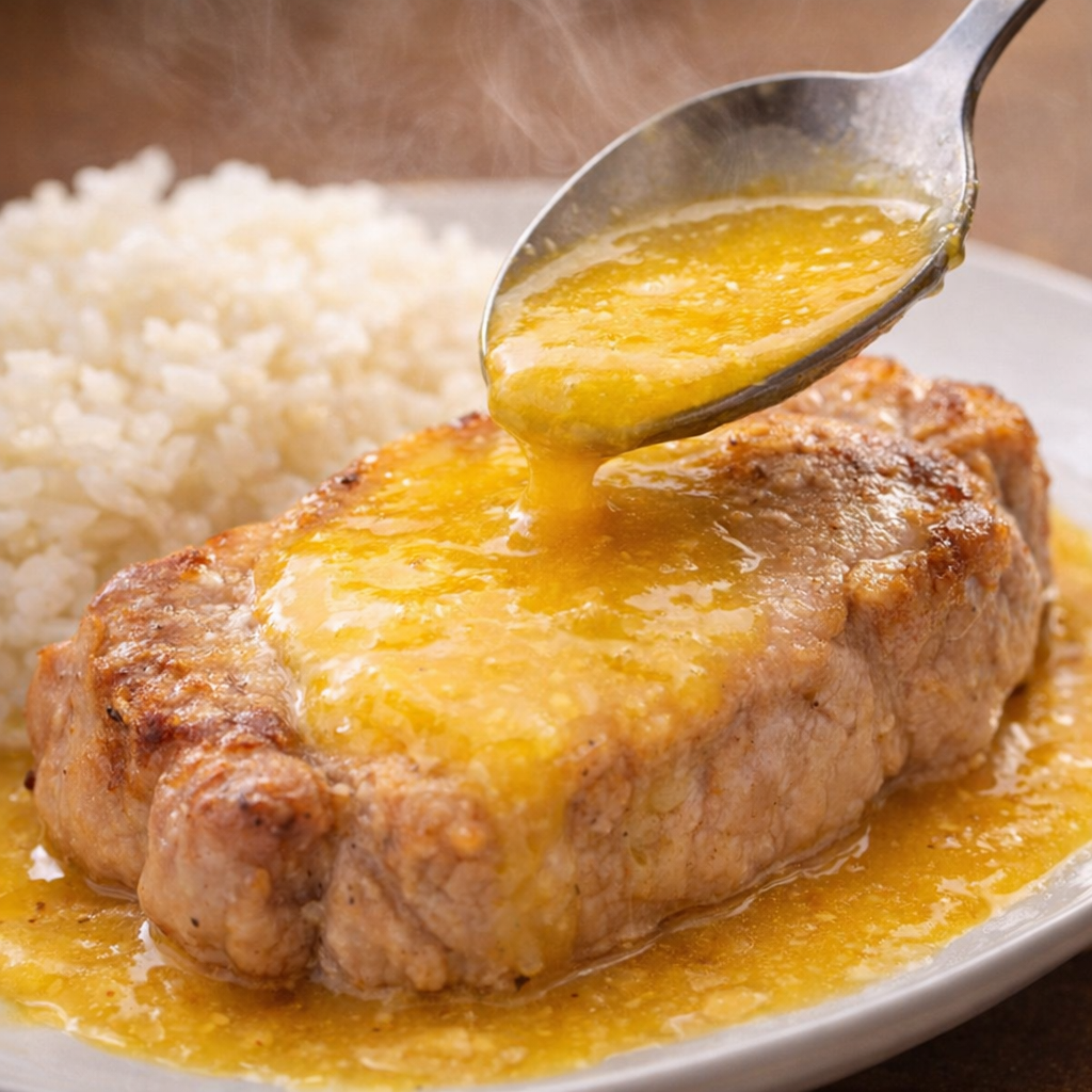 Tender pork chop with sauce spooned over top