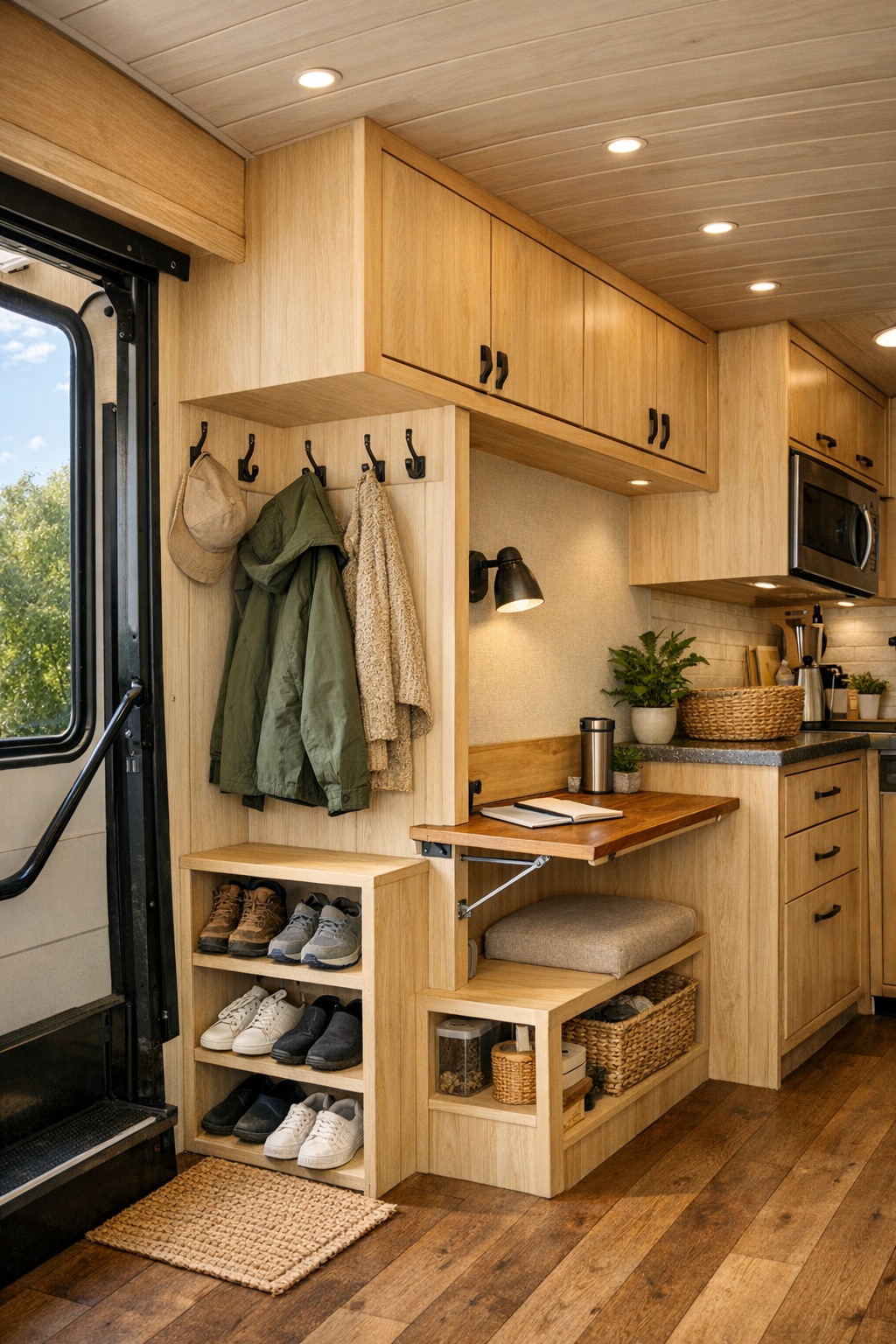Thoughtful utility and entry area inside a converted bus with storage and fold-down workspace