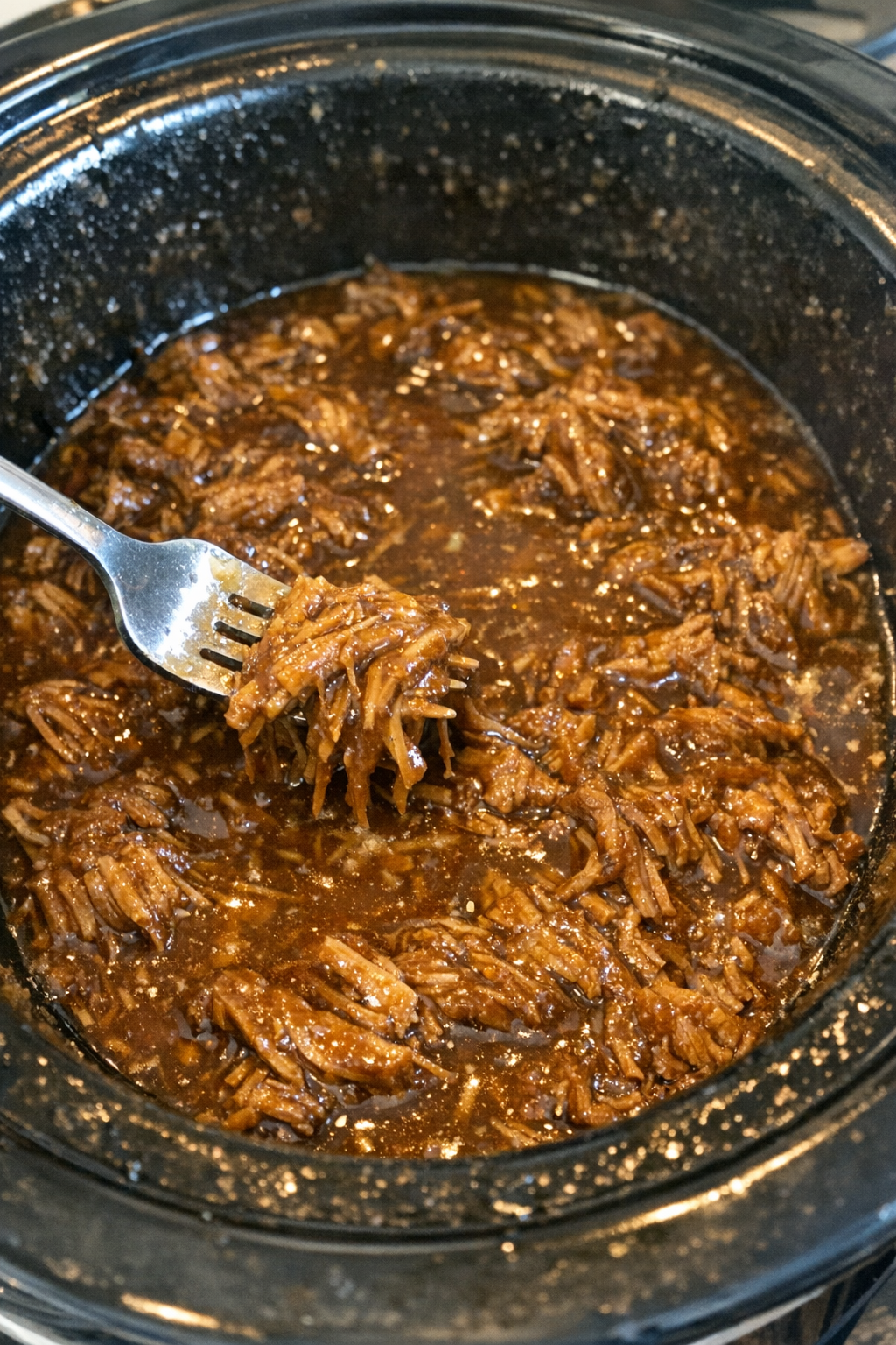Slow cooker supper in glossy amber gravy