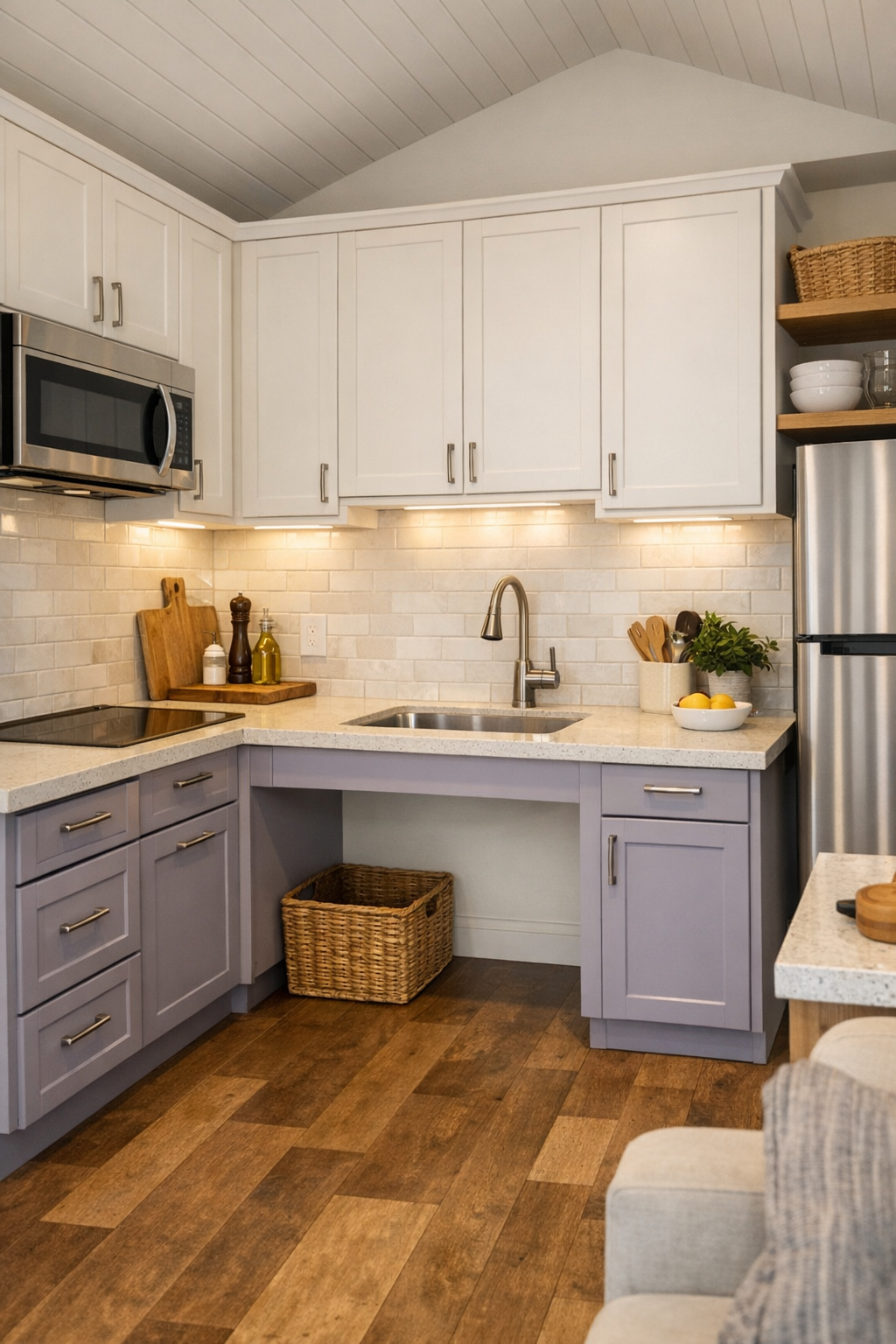 Accessible tiny home kitchen with warm white cabinets and pale lavender lower drawers