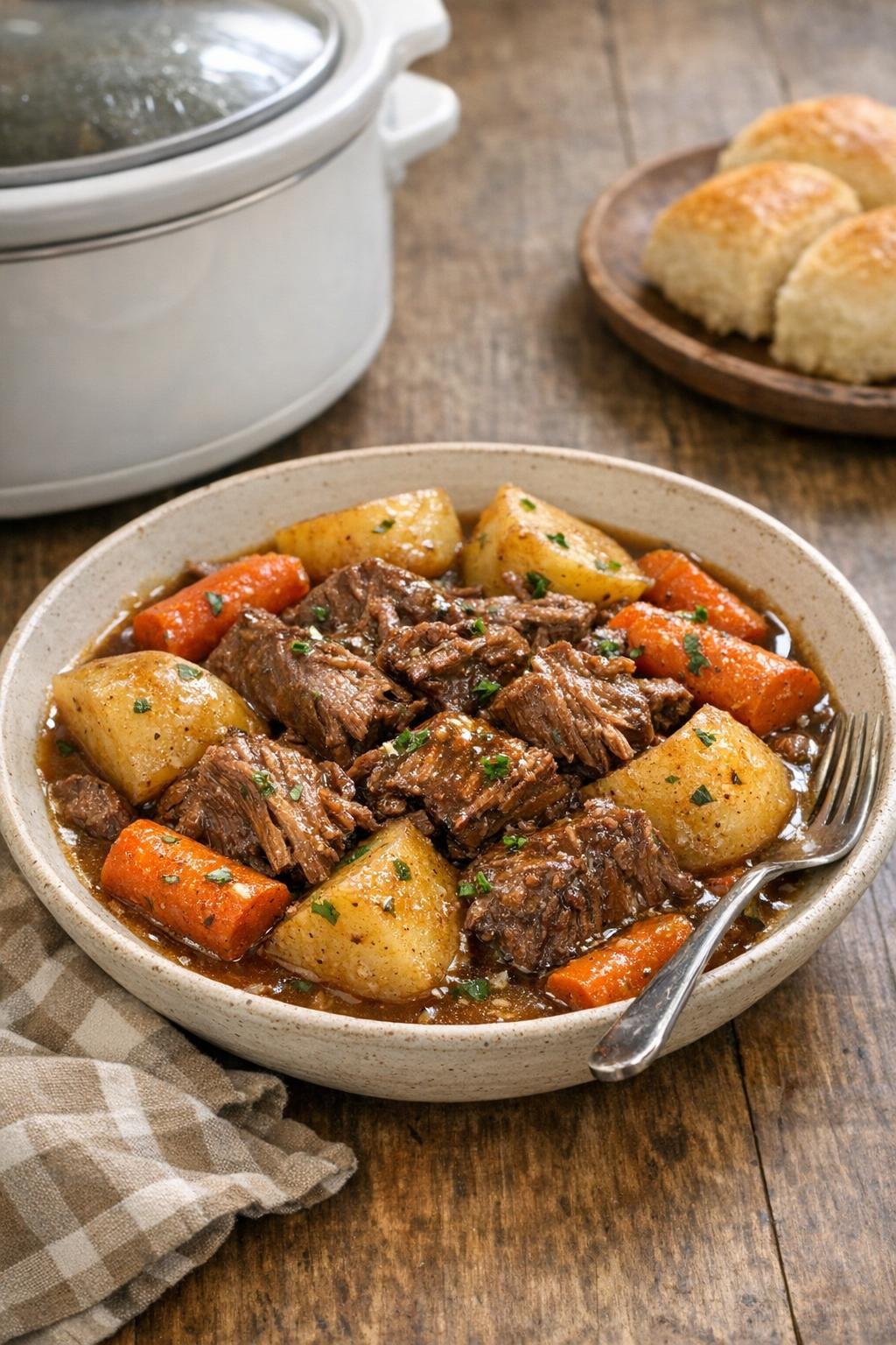 Finished slow cooker beef supper plated in a rustic bowl