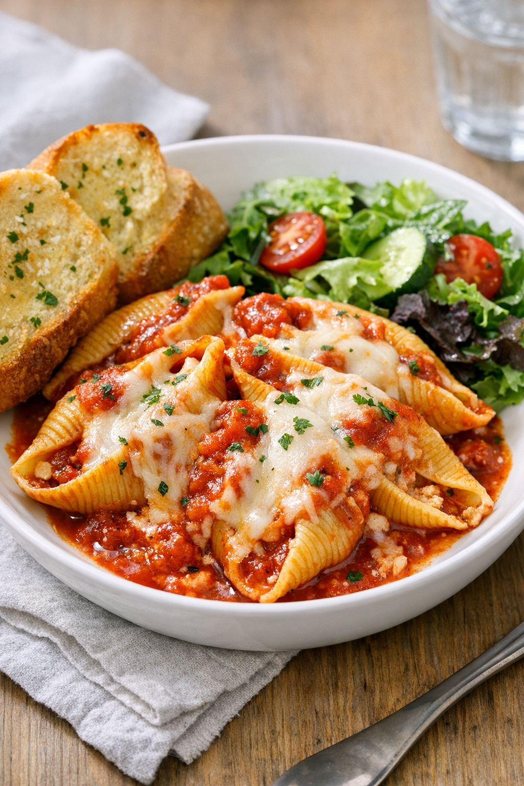 Plated cheesy jumbo shells with sauce