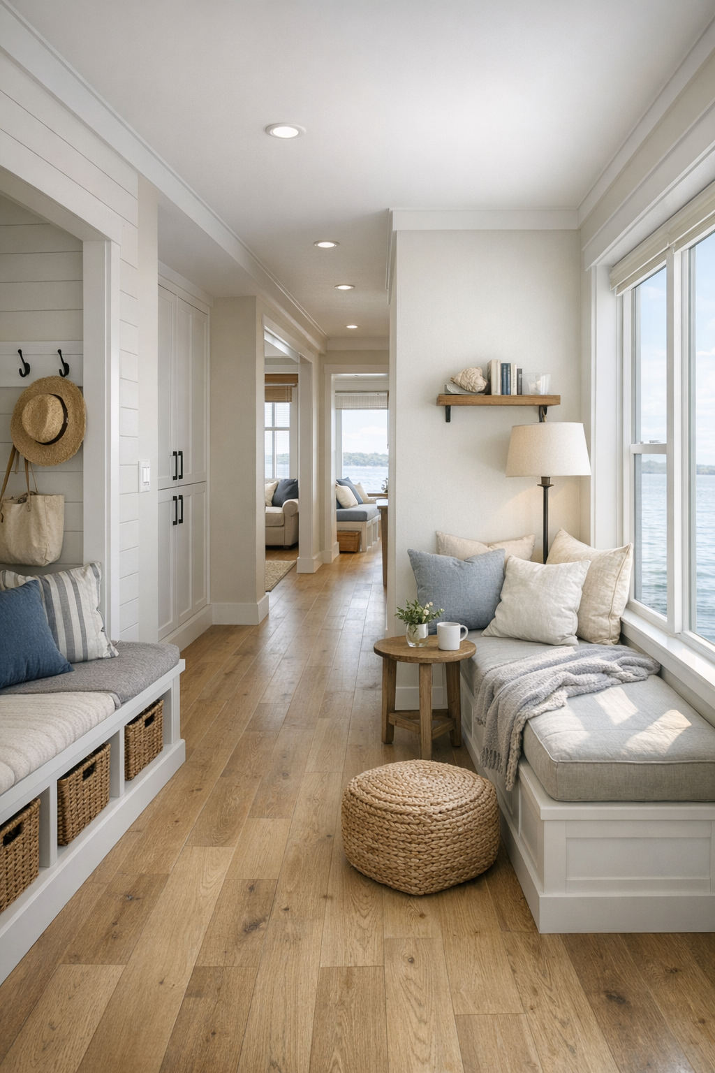 Thoughtful transitional area with built-in storage, reading nook, and wide clear pathways