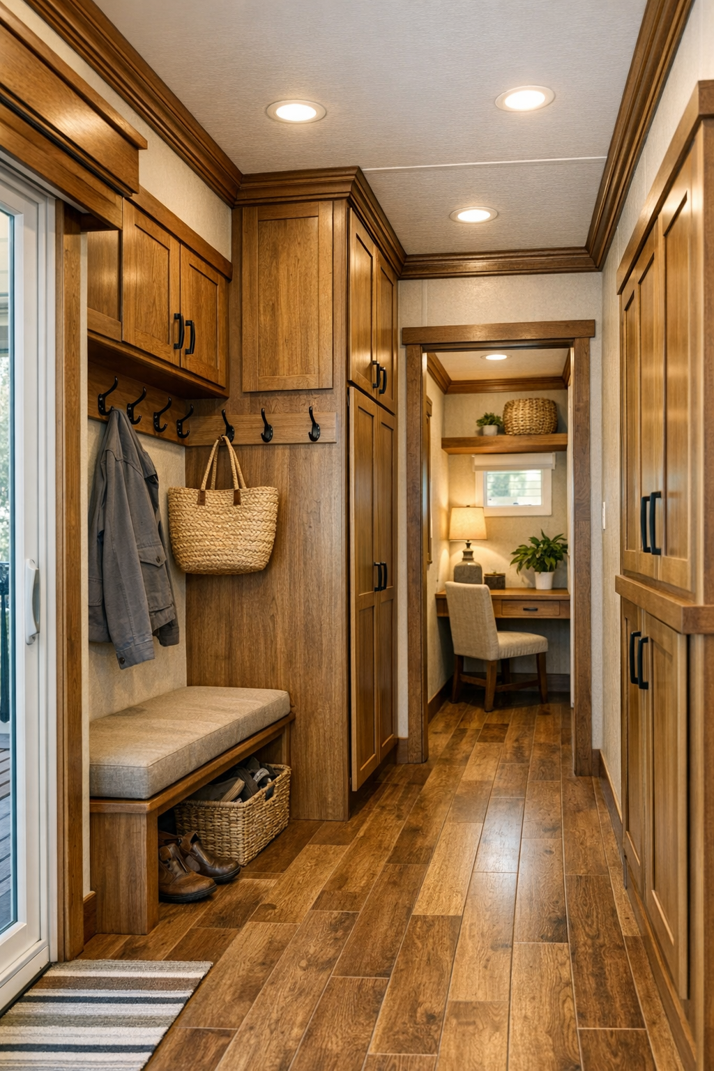 Thoughtful built-in storage and hallway details in a craftsman-style park model RV