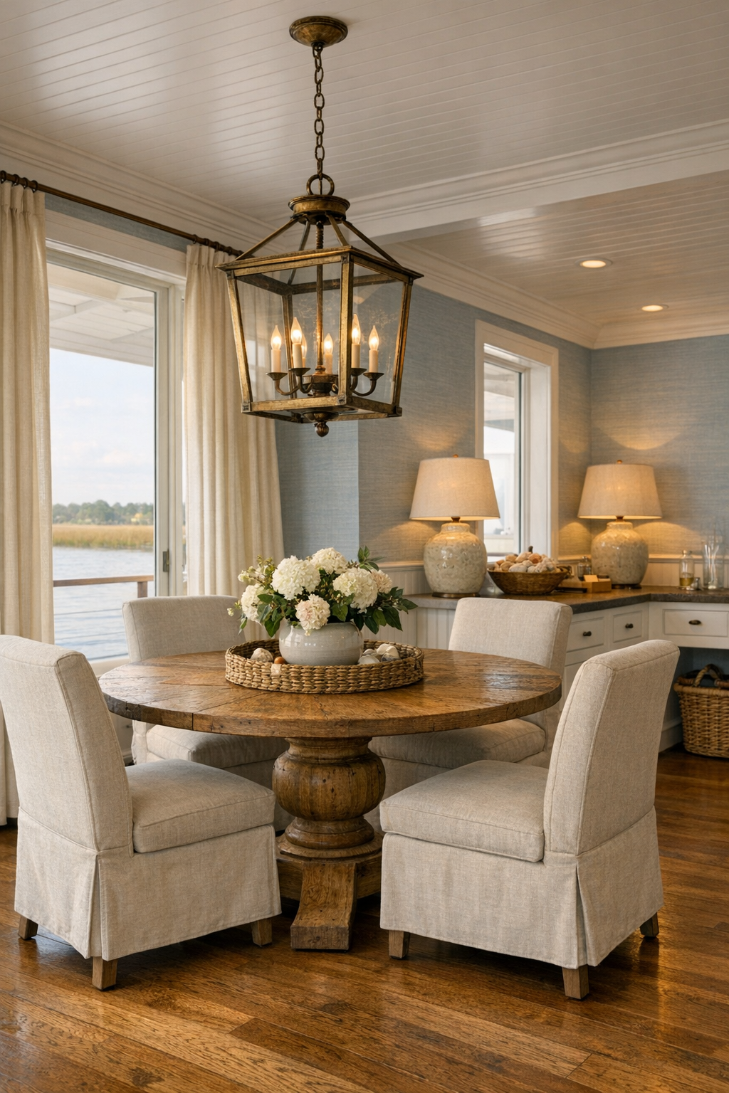 Accessible coastal dining room with round oak table and soft Lowcountry finishes
