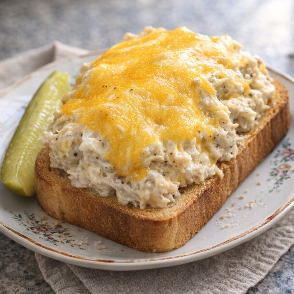 Open-faced creamy ranch chicken sandwich on toast