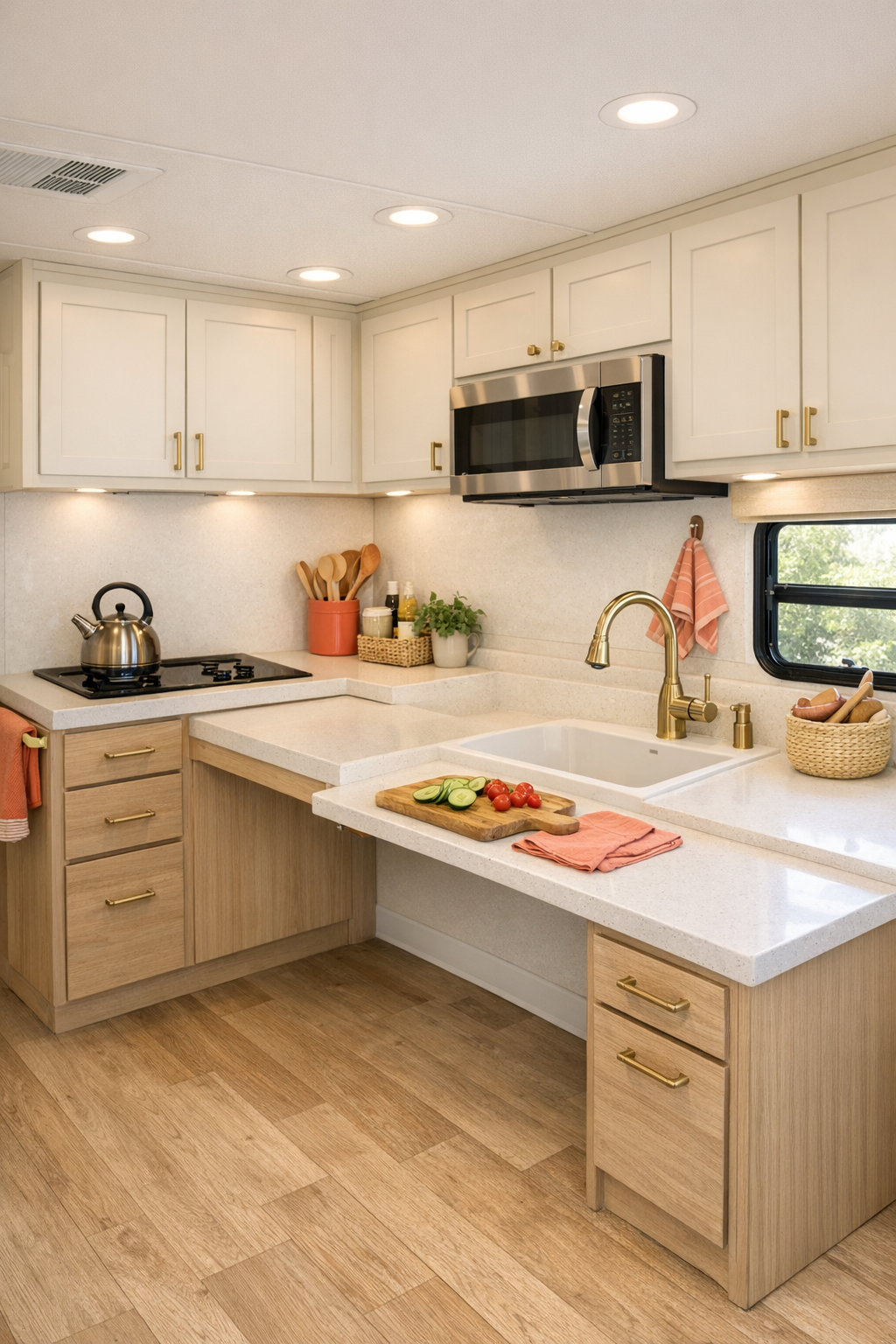 Accessible RV kitchen with cream cabinets, pale oak details, and coral accents