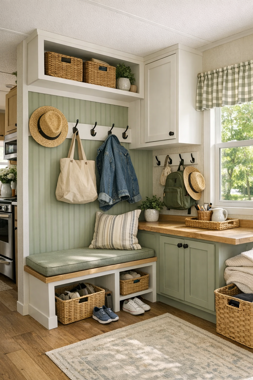 Functional entry and multipurpose nook with smart storage in a cozy RV