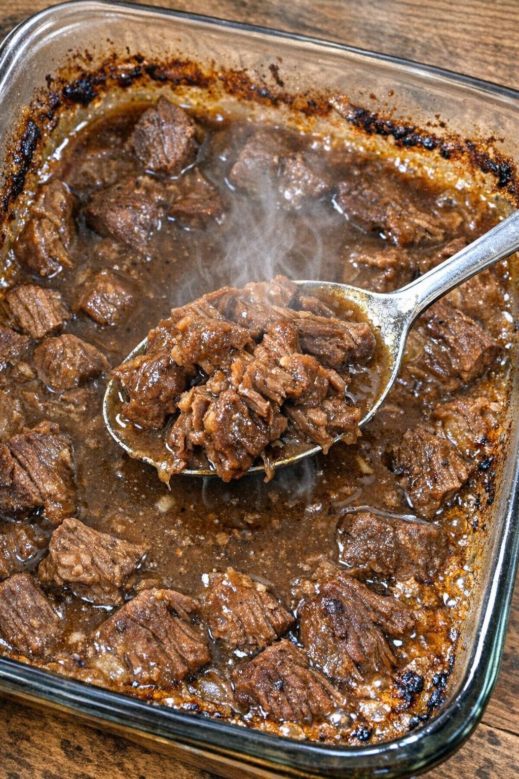 Tender beef in savory gravy in a glass baking dish