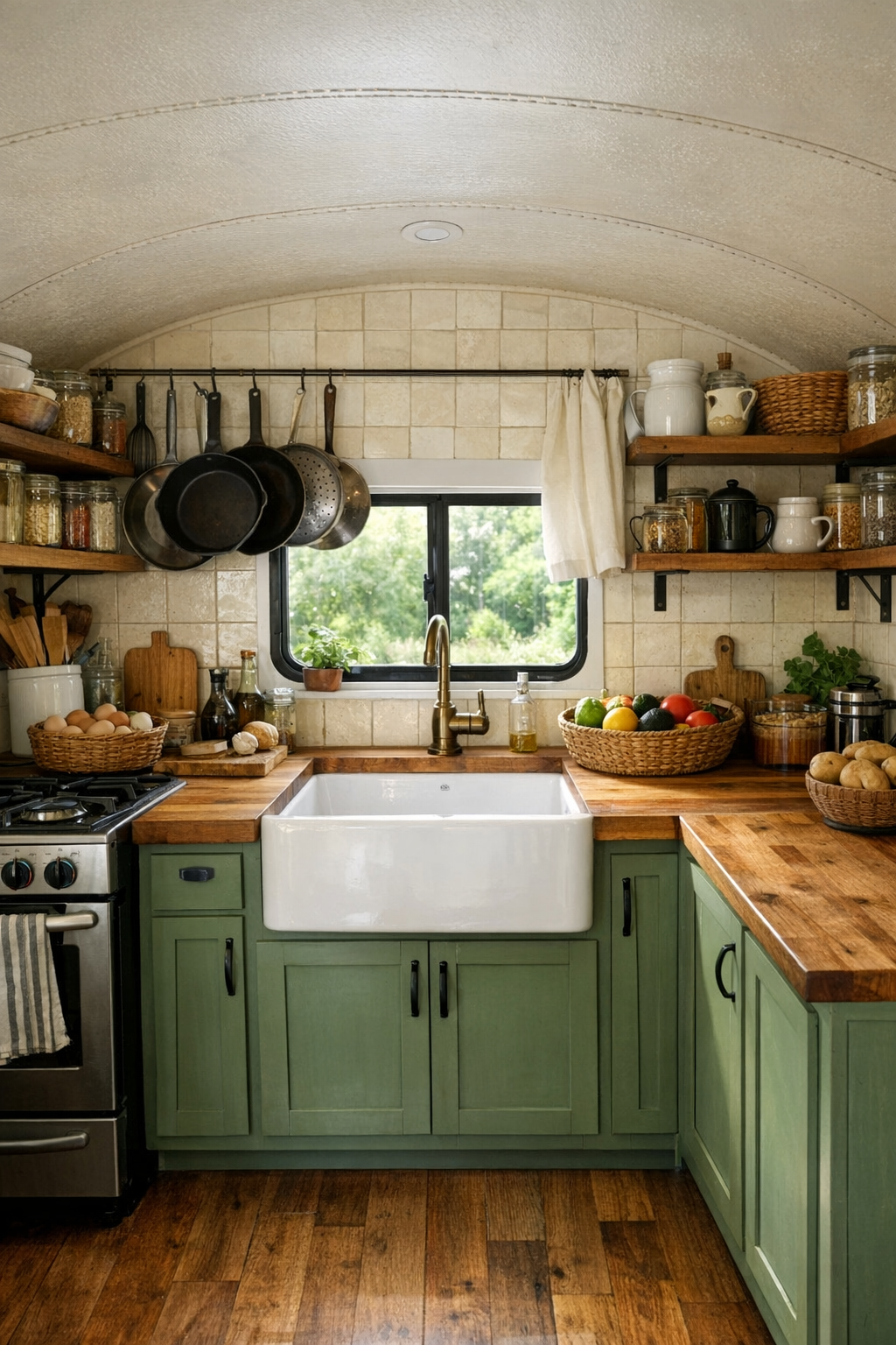 Rustic bus kitchen with butcher-block counters, sage green cabinets, and an apron-front sink