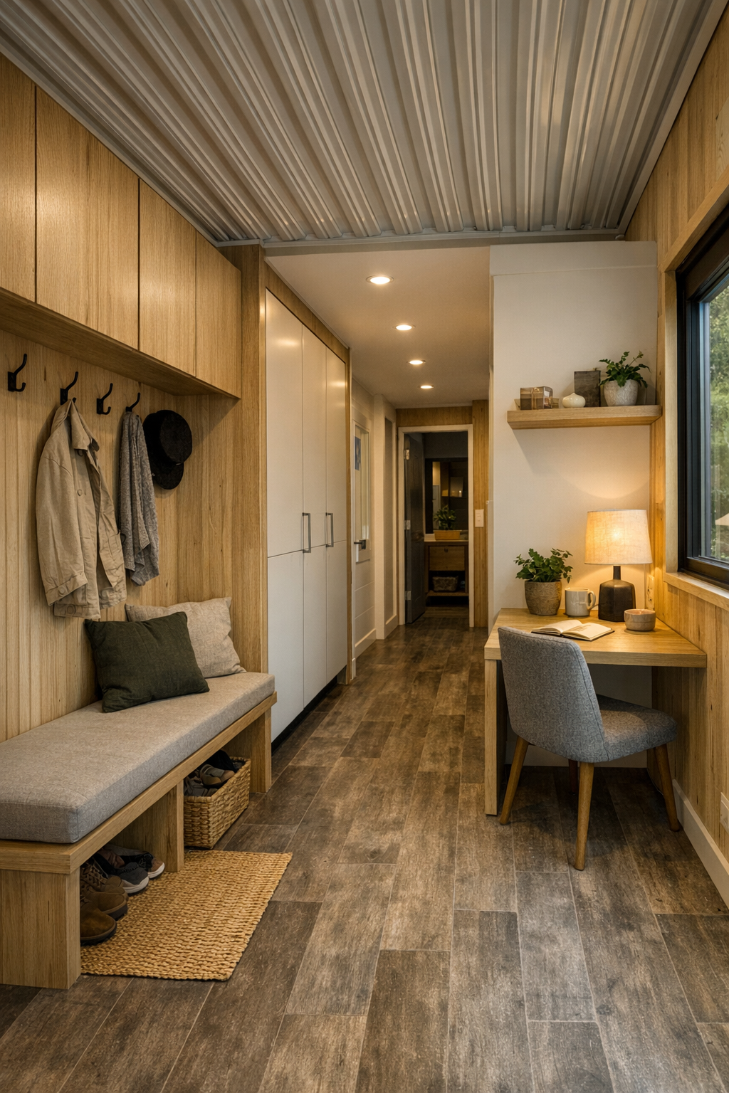 Functional entry and hallway area with built-in bench storage and warm modern finishes