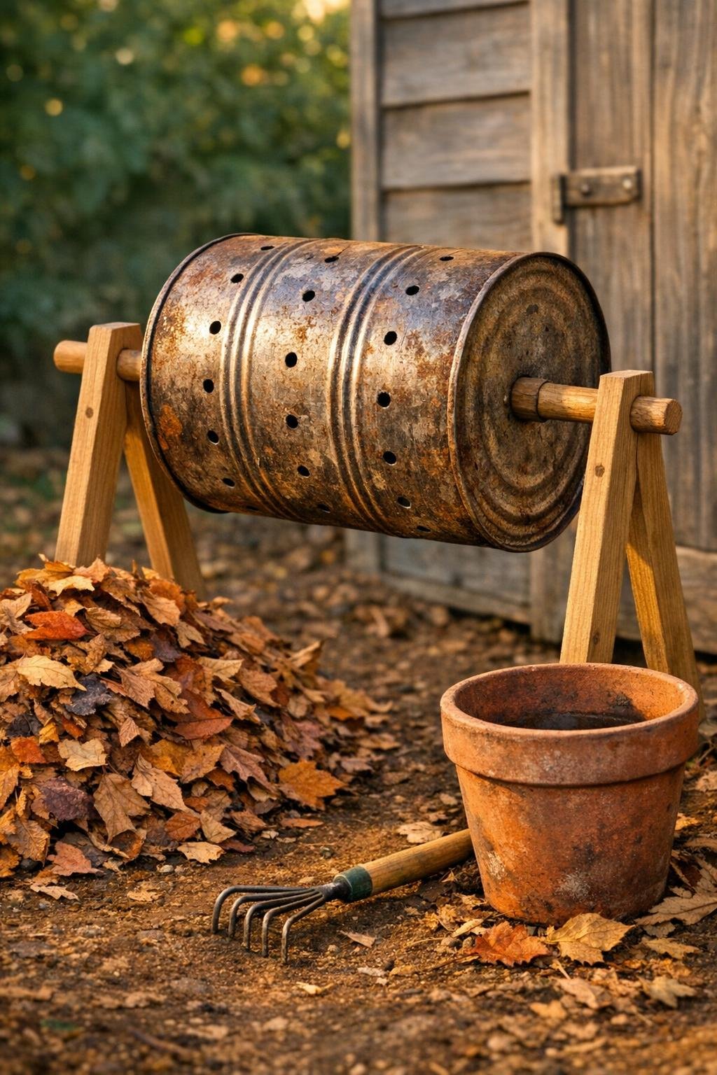 Finished coffee can compost tumbler set up outdoors near a shed