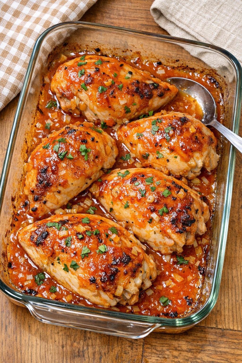 Finished baked Jack O' Lantern chicken in a glass baking dish